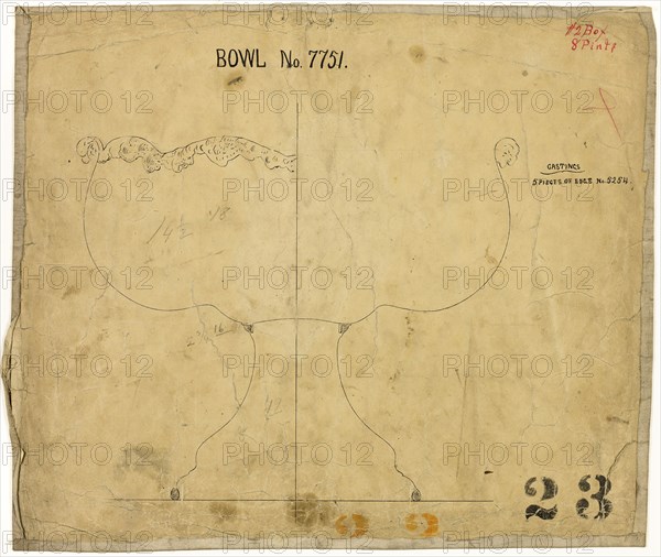 Design for Bowl No. 7751, 1883, Tiffany and Company, American, founded 1837, United States, Black ink on tan wove paper, 314 x 368 mm