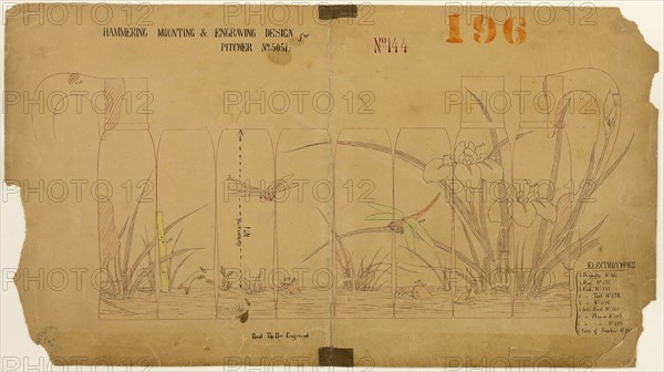 Hammering, Mounting and Engraving Design for Pitcher No. 5051, 1878, Tiffany and Company, American, founded 1837, United States, Black and red ink, and colored pencils, on tan wove paper, 333 x 597 mm