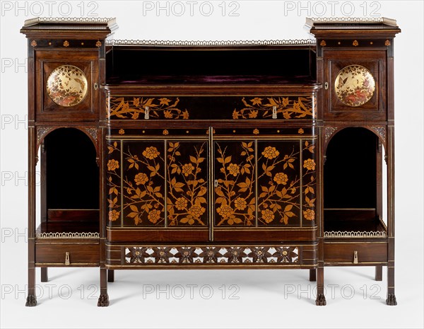 Cabinet, 1878/80, Herter Brothers, American, 1864–1906, New York, New York City, Rosewood with ebonized cherry, maple, walnut, satinwood, marquetry of various woods, brass, gilding, and paint, 134.6 × 180.3 × 40.6 cm (53 × 71 × 16 in.)