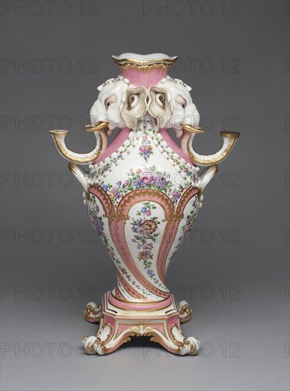 Elephant Candelabrum Vase (Vase à Tête d’Eléphant), 1757/58, Sèvres Porcelain Manufactory, French, founded 1740, Design attributed to Jean-Claude Duplessis (French, active 1745/48-1774, died 1783), Painted by Pierre-Louis-Philippe Armand (French, active 1758-1781), Sèvres, Soft-paste porcelain, polychrome enamels, and gilding, 39.2 cm (15 7/16 in.)