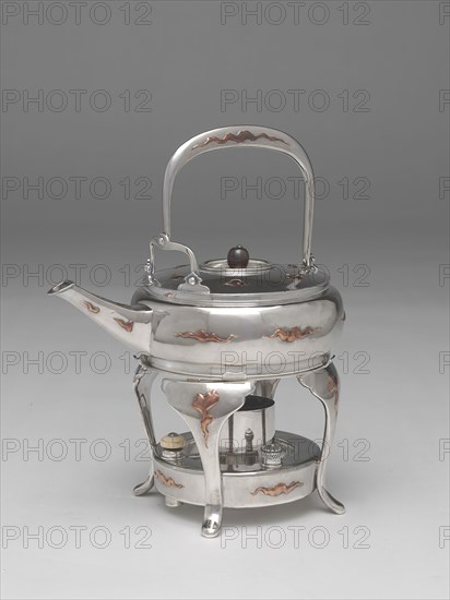 Teakettle and Stand, tea kettle, 1877, stand, 1889, Design attributed to Edward C. Moore, American, 1827–1891, Tiffany and Company, American, founded 1837, New York, New York City, Silver with copper, 23.9 × 11.9 cm (9 3/8 × 4 11/16 in.)