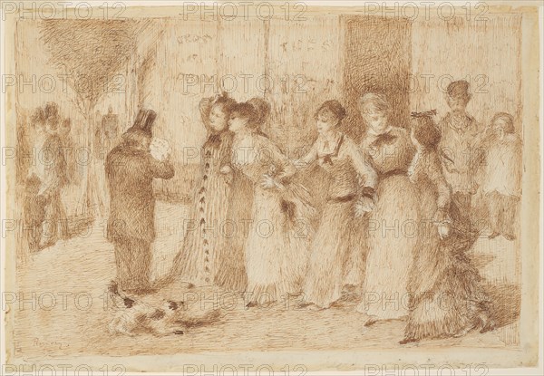 Workers’ Daughters on the Outer Boulevard (Illustration for Emile Zola’s L’Assommoir), 1877/78, Pierre Auguste Renoir, French, 1841-1919, France, Pen and brown ink, over black chalk, on ivory laid paper, 275 × 399 mm