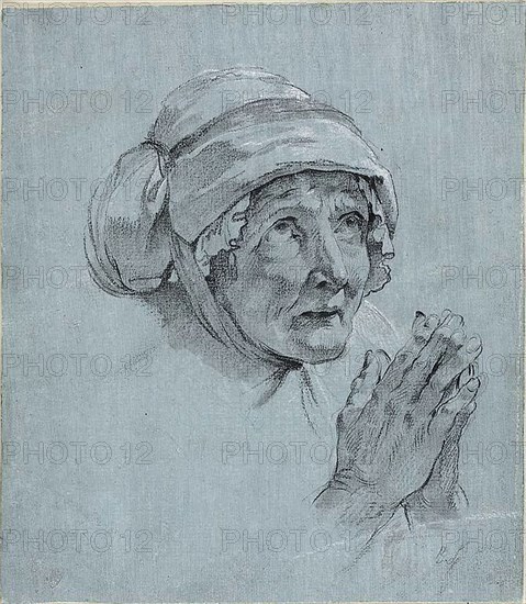 Study of the Head and Hands of an Old Woman Looking Up, c. 1775, Nicolas Bernard Lépicié, French, 1735-1784, France, Black chalk, with stumping, heightened with touches of white chalk, on ivory laid paper, prepared with a blue ground, laid down on ivory laid paper, 214 × 186 mm