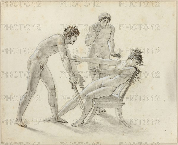Hermione Rejecting Orestes, c. 1799, Anne-Louis Girodet de Roucy-Trioson, French, 1767-1824, France, Pen and black ink and black chalk, with stumping, and brush and brown and gray wash, heightened with white gouache, on ivory laid paper, 263 × 323 mm