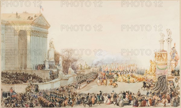The Translation of the Ashes of Napoleon: 15 December, 1840, c. 1842, Eugène L. Lami, French, 1800-1890, France, Watercolor and gouache, with traces of graphite, on ivory wove paper, 153 × 257 mm