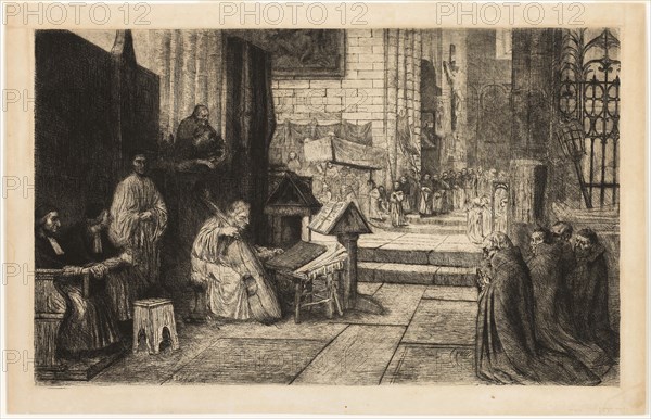 Procession in a Spanish Church, c. 1861, Alphonse Legros, French, 1837-1911, France, Etching on cream wove paper, 415 × 679 mm (image), 422 × 687 mm (plate), 478 × 742 mm (sheet)
