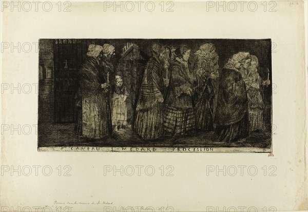 Procession in the Crypt of St. Medard, 1859, Alphonse Legros, French, 1837-1911, France, Etching on cream laid paper, 194 × 401 mm (plate), 356 × 520 mm (sheet)