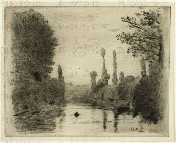 River Scene with Boat (Small plate), 1880, Henri-Emile Lessore, French, 1830-1895, France, Drypoint on cream laid paper, 109 × 138 mm (image/plate), 116 × 143 mm (sheet)