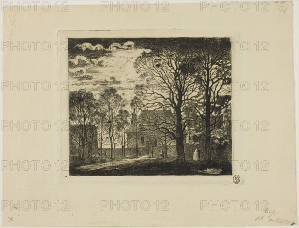 The Convent, Avenue of the Observatory, c. 1870, Félix Hilaire Buhot, French, 1847-1898, France, Etching on cream laid paper, 132 × 155 mm (image), 147 × 175 mm (plate), 210 × 279 mm (sheet)