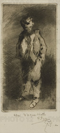 A Young Street Urchin, 1874, Félix Hilaire Buhot, French, 1847-1898, France, Etching, drypoint and aquatint on ivory laid paper, 95 × 48 mm (image/plate), 225 × 153 mm (sheet)