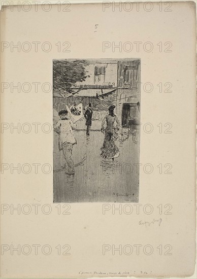 Avenue Trudaine on a Rainy Day, 1875, Norbert Goeneutte, French, 1854-1894, France, Etching and drypoint on pinkish cream laid paper, 165 × 98 mm (plate), 313 × 225 mm (sheet)