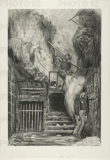 La Rue de la Vieille Lanterne: The Suicide of Gérard de Nerval, 1855, Gustave Doré, French, 1832-1883, France, Lithograph in black on light gray China paper laid down on white wove paper, 502 × 343 mm (image/chine), 576 × 400 mm (sheet)