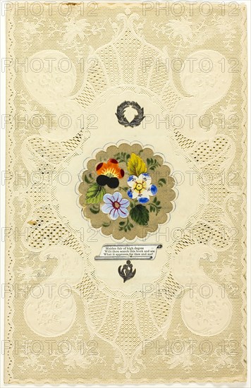 Maiden Fair of High Degree (valentine), 1845/50, Joseph Mansell, English, 19th century, England, Collaged elements with watercolor on cut and embossed ivory wove paper (lace), 193 × 123 mm (folded sheet)