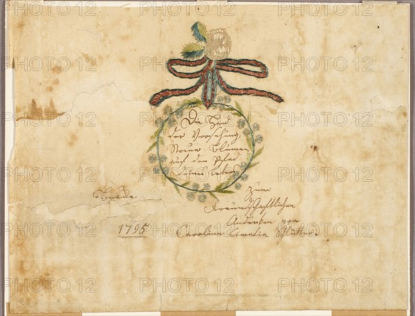 May the Hand of Providence Strew Flowers on the Path of Your Life (valentine), 1795, Carolina Amalia Schutler, German, 18th century, Germany, Collaged elements and pen and brown ink on cream laid paper (discolored), 142 × 187 mm