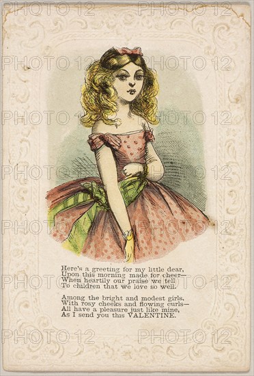 Here’s a Greeting for My Little Dear (valentine), 1860/69, Unknown Artist, American, 19th century, United States, Lithograph with hand-coloring on embossed ivory wove paper, 136 x 93 mm (folded sheet)
