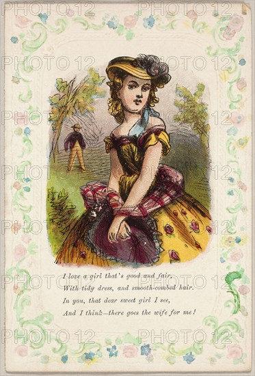 I Love a Girl that’s Good and Fair (valentine), 1860/69, Unknown Artist, American, 19th century, United States, Lithograph with hand-coloring on embossed ivory wove paper, 138 x 93 mm (folded sheet)