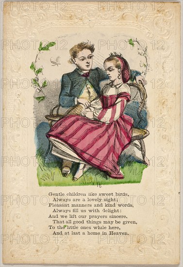 Gentle Children Like Sweet Birds (valentine), 1860/69, Unknown Artist, American, 19th century, United States, Lithograph with hand-coloring on embossed ivory wove paper, 136 x 92 mm (folded sheet)