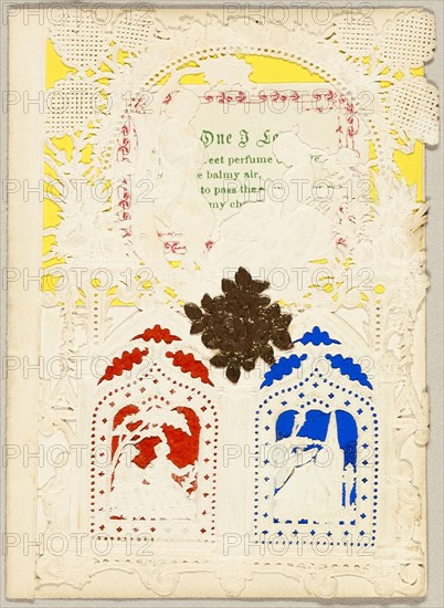 Untitled Valentine (Couple in the Country), 1850/59, Unknown Artist, American or English, 19th century, United States, Collaged elements on cut and embossed (designed) ivory wove paper, 97 x 70 mm (folded sheet)