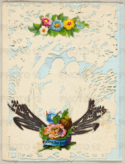 I Love Thee Dearly (Valentine), 1850/59, Unknown Artist, American or English, 19th century, United States, Collaged elements on cut and embossed (designed) ivory wove paper with the blue tissue paper insert, 97 x 75 mm (folded sheet)