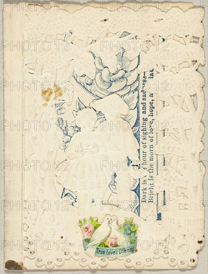 True Loves Offering (Valentine), 1850/59, Unknown Artist, American or English, 19th century, United States, Collaged elements on cut and embossed (designed) ivory wove paper, 82 x 62 mm (folded sheet)