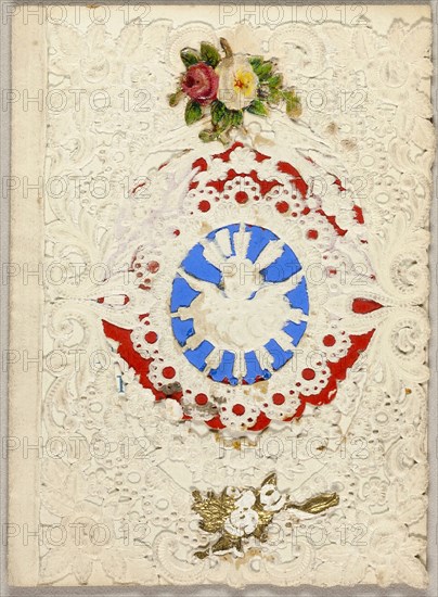 Untitled Valentine (Putti on Blue Ground), c. 1850, Unknown Artist, American or English, 19th century, United States, Collaged elements on cut and embossed (designed) ivory wove paper, 83 x 60 mm (folded sheet)