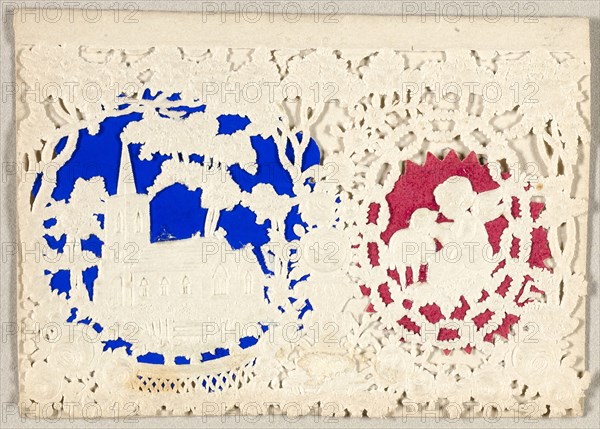 Untitled Valentine (Church and Putti), c. 1850, Thomas Wood, English, 19th century, England, Cut and embossed (designed) ivory wove paper with blue and pink wove paper inserts, 50 × 71 mm (folded sheet)