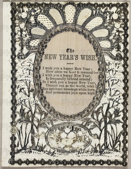 The New Year’s WIsh (holiday card), c. 1840, John Windsor, English, 19th century, England, Gray paint and collaged element on cut and embossed (designed) ivory wove paper, 102 × 79 mm (folded sheet)