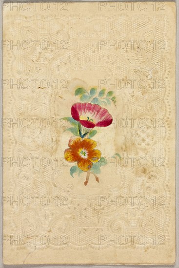 Untitled Valentine (Pink and Orange Flowers), c. 1840, Unknown Artist, American or English, 19th century, United States, Collaged elements on embossed cream wove paper, 108 x 72 mm (folded sheet)