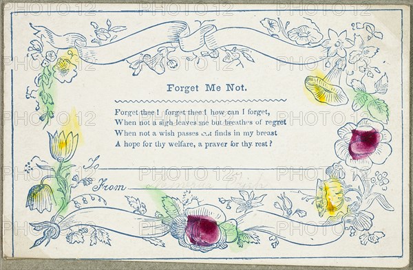 Forget Me Not (valentine), c. 1830, Unknown Artist, American or English, 19th century, United States, Engraving in blue ink with hand-coloring and traces of graphite on ivory card, 58 x 91 mm