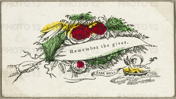 Remember the Giver (valentine), c. 1830, Unknown Artist, American or English, 19th century, United States, Engraving with hand-coloring on ivory card, 39 x 69 mm