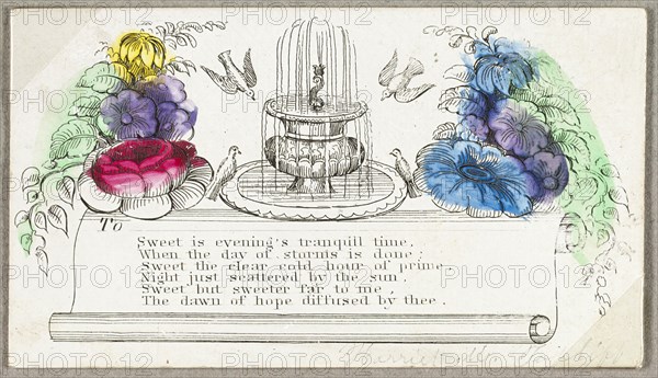 Sweet is Evening’s Tranquil Time (valentine), c. 1830, Unknown Artist, American or English, 19th century, United States, Engraving with hand-coloring on ivory card, 40 x 70 mm