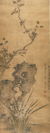 Birds on a Tree with Fruit and Autumn Foliage, Qing dynasty (1644–1911), late 17th century, Jiang Hong, Chinese, active 1674/90, China, Hanging scroll, ink and colors on silk, 49 3/4 × 18 7/8 in.
