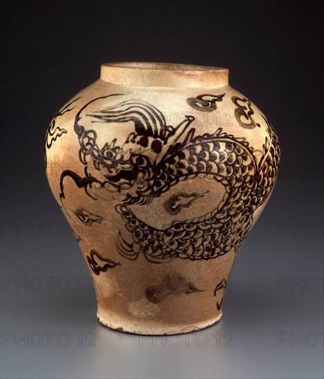 Jar with Dragon Chasing Flaming Pearl, Joseon dynasty(1392–1910), 17th century, Korean, Korea, Stoneware painted in underglaze iron brown, H. 31.9 cm, diam. 28.2 cm
