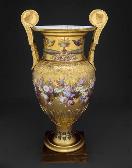 Londonderry Vase, 1813, Sèvres Porcelain Manufactory (Sèvres, France, founded 1740), Designed by Charles Percier (French, 1764-1838), Decoration designed by Alexandre-Theodore Brogniart (French, 1739-1813), Flowers and ornament painted by Gilbert Drouet (French, 1785–1825), Birds painted by Christophe-Ferdinand Caron (French, active 1792-1815), Sèvres, Hard-paste porcelain, polychrome enamels, gilding, and gilt bronze mounts, 137.2 cm (54 in.)