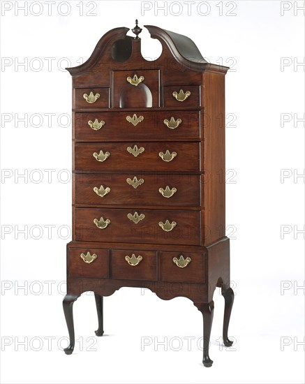 High Chest of Drawers, 1750/70, American, 18th century, North shore of Massachusetts, possibly Salem, Salem, Mahogany with white pine and cedar, 153.7 × 67.3 × 36.5 cm (60 1/2 × 26 1/2 × 14 3/8 in.)