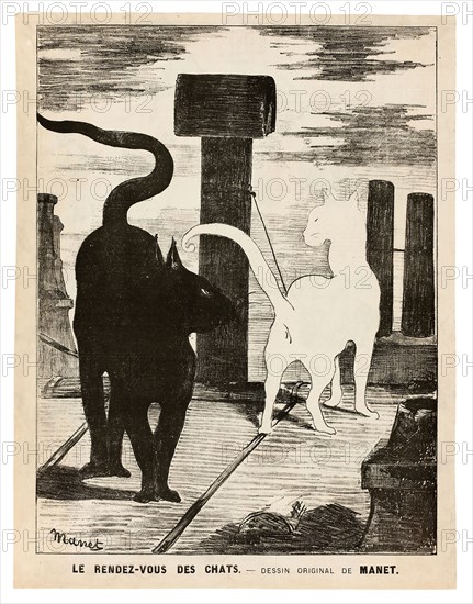 The Cats’ Rendezvous, 1868, Édouard Manet, French, 1832-1883, France, Lithograph in black on ivory wove paper, laid down on ivory cloth, 439 × 334 mm (image), 478 × 369 mm (sheet)