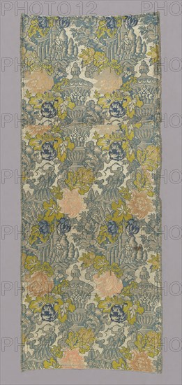 Panel, 1701/50, France or Italy, France, Silk, plain weave with supplementary brocading wefts and self-patterning two-color complementary ground wefts tied by main warp in weft-float faced twill interlacings, 133.0 × 52.2 cm (52 3/8 × 20 1/2 in.)