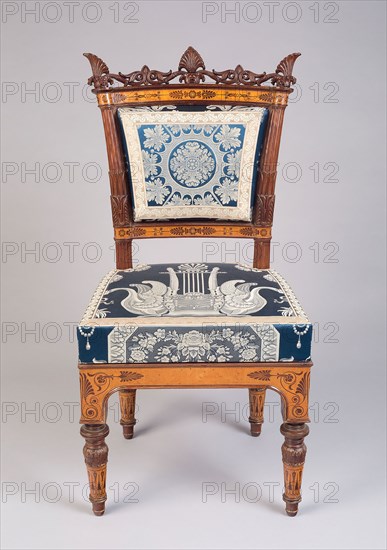 Side Chair, c. 1835, Italy, Turin, Designed by Filippo Pelagio Palagi (Italian, 1775–1860), Made by Moncalvo (Gabrielle Cappello) and Carlo Chivasse, Italy, Mahogany, maple, and modern reproduction upholstery, 100 × 52.7 × 55.3 cm (39 3/8 × 20 7/8 × 21 3/4 in.)