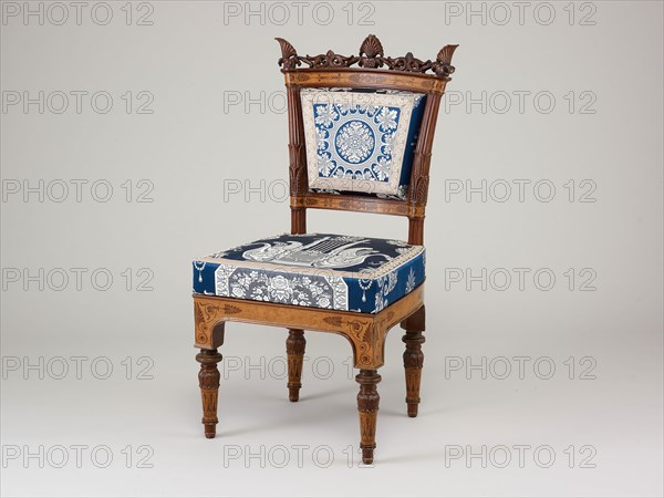 Side Chair, c. 1835, Italy, Turin, Designed by Filippo Pelagio Palagi (Italian, 1775-1860), Made by Gabriele Capello and Carlo Chivasse (Italian, 19th century), Italy, Mahogany veneer with maple and mahogany inlay, modern reproduction upholstery, 99.7 x 53.3 x 54.6 cm (39 1/4 x 21 x 21 1/2 in.)