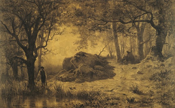 Pond at the Edge of the Wood, 1862, Adolphe Appian, French, 1818-1898, France, Charcoal on brown paper, 610 × 990 mm