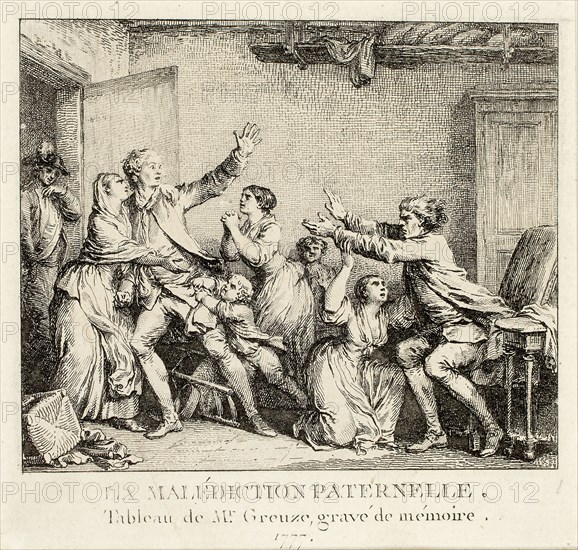 Paternal Curse, 1777–78, Jean Michel Moreau (French, 1741-1814), after Jean-Baptiste Greuze (French, 1725-1805), France, Etching with engraving on paper, 95 × 104 mm (image), 370 × 270 mm (sheet)