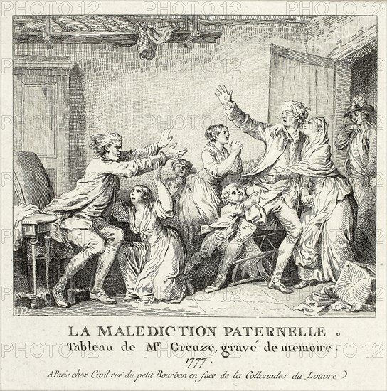 Paternal Curse, 1777–78, Jean Michel Moreau (French, 1741-1814), after Jean-Baptiste Greuze (French, 1725-1805), France, Etching with engraving on paper, 100 × 110 mm (image), 370 × 270 mm (sheet)