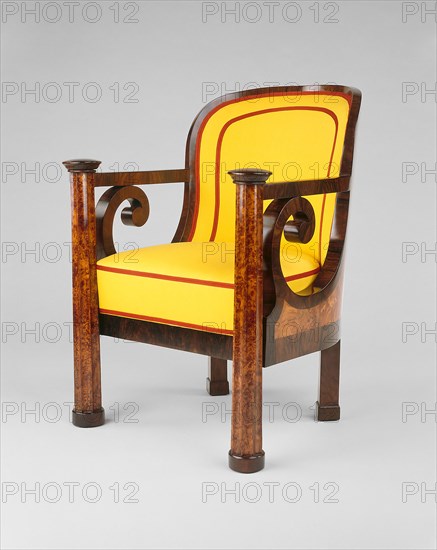 Armchair, 1820/25, Vienna, Austria, Vienna, Walnut, walnut veneers, and poplar, modern upholstery, 94.5 × 69 × 74 cm (37 1/4 × 27 1/8 × 29 1/8 in.)