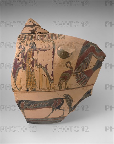 Fragment of a Column Krater (Mixing Bowl), 580/570 BC, Greek, Corinth, Attributed to the Cavalcade Painter, Corinth, terracotta, decorated in the black-figure and outline techniques, H. 25 cm (9 7/8 in.), w. 21 cm (8 1/4 in.)