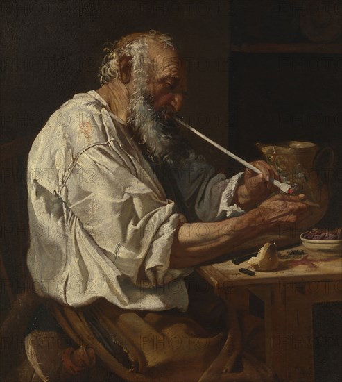 Old Peasant Lighting a Pipe, c. 1660, Johann Carl Loth, called Carlotto Bavarese, German, 1623-1698, Germany, Oil on canvas, 37 1/2 × 33 1/2 in. (95 × 85 cm)