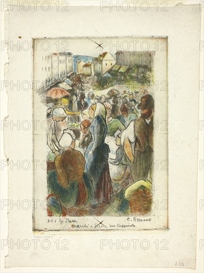 The Market at Gisors, Rue Cappeville, c. 1894, Camille Pissarro, French, 1830-1903, France, Color etching on ivory laid China paper, 204 × 142 mm (image/plate), 274 × 202 mm (sheet)