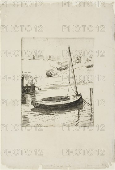 The Boat with Lowered Sail, 1868, Felix Bracquemond, French, 1833–1914, France, Etching on cream laid paper, 165 × 135 mm (image), 307 × 211 mm (sheet)