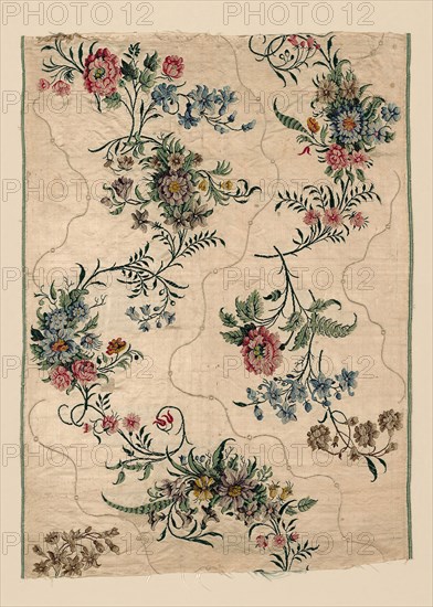 Panel, 1750s, England, Spitalfields, Spitalfields, Silk, warp-float faced satin weave with supplementary brocading wefts and self-patterned by areas of ground weft floats, 71.45 x 51.15 cm (21 1/8 x 20 1/8 in.)