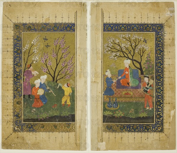 Garden Scene, Timurid dynasty (ca. 1370–1507), mid–15th century, Iran, possibly Shiraz, Herat, Opaque watercolor and gold on paper, Each side: 17.8 x 10.2 cm (7 x 4 in.)