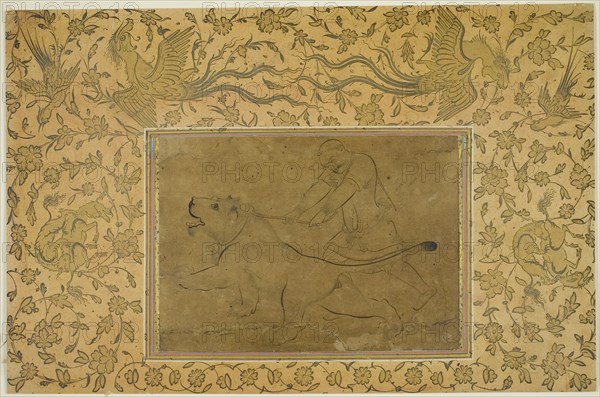 The Lion Tamer, Safavid dynasty (1501–1722), early 17th century, Iran, Attributed to Sadiqi Beg (1533-1610), Iran, Ink and gold on paper, Image: 13.8 x 19.6 cm (5 7/16 x 7 3/4 in.),